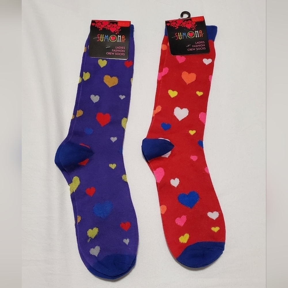 2pairs Sumona Red & Purple Valentine Hearth Print Womens Crew Socks